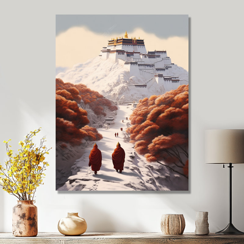 Moines rouges marchant vers le temple enneigé - Paysage d'hiver, Toile tendue, H 32 po x l 16 po x P 1 po