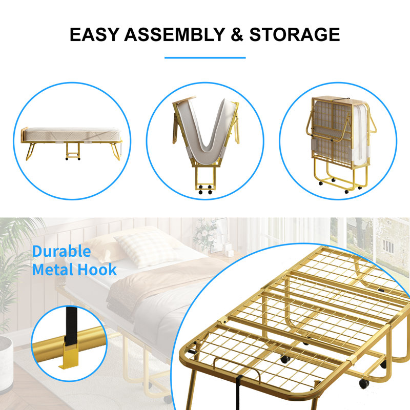 Mercer41 Folding Bed With 5 Inch Memory Foam Mattress, 75X45 Upgraded Size Bed Frame, Single Rollaway Bed For Guests, Space Saving Portable Bed With Lockable Wheels, Easy Assembly & Moving
