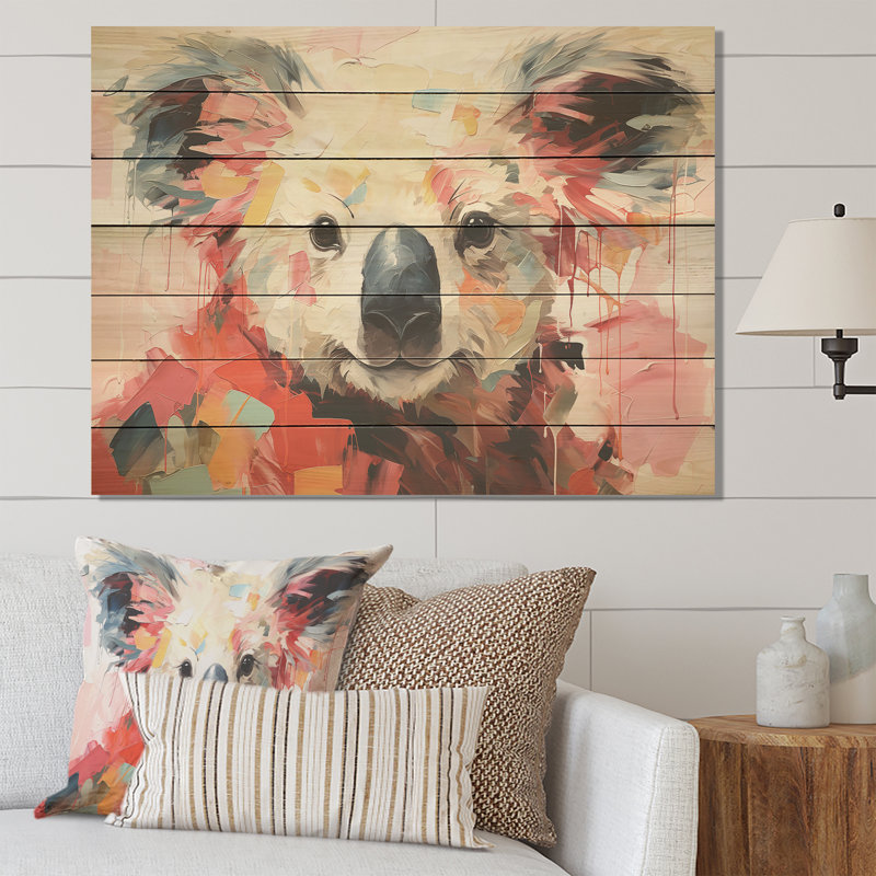 Floral rose et vert Koala III - Koala sur bois, H 30 po x l 40 po