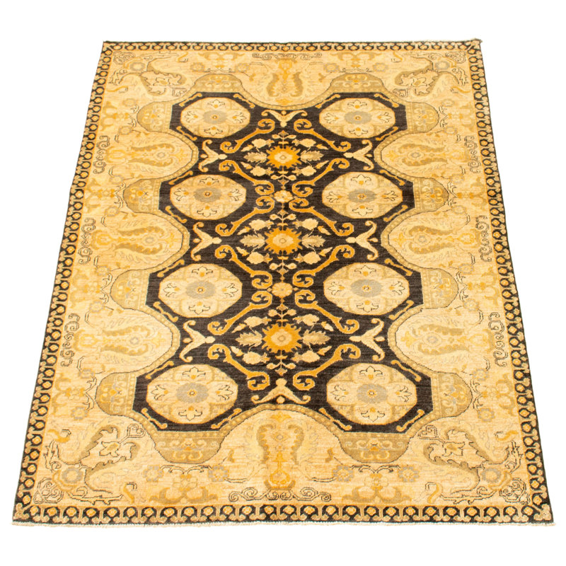 Tapis décoratif beige/brun en laine de conception unique 4 pi 10 po x 6 pi 8 po noué à la main New Age