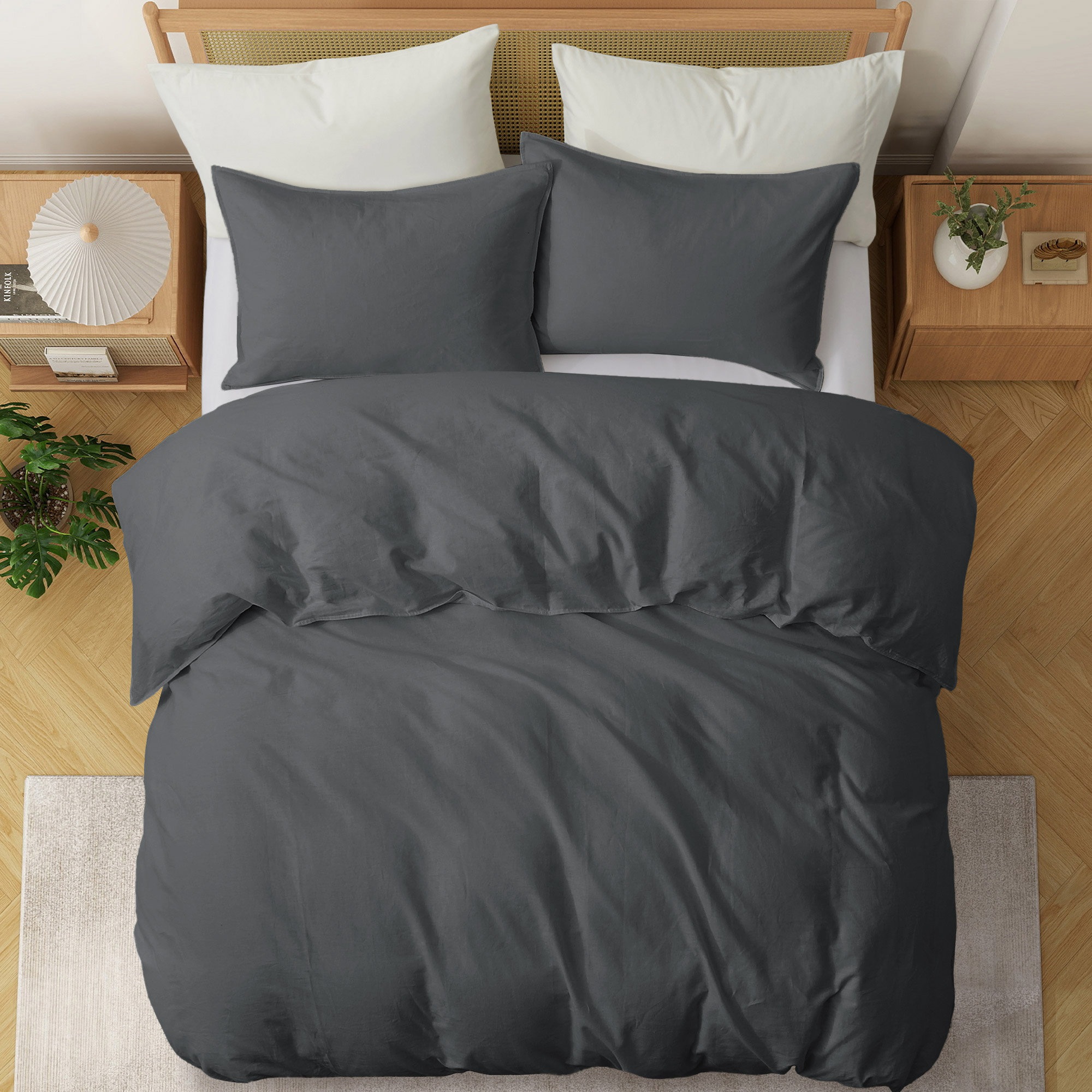 Boseman Linen Blend Duvet Cover Set, Charcoal Gray, King Duvet Cover + 2 King Pillowcases