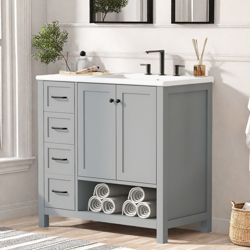 Meuble-lavabo 36 po avec lavabo en céramique et rangements, Gris / Noir