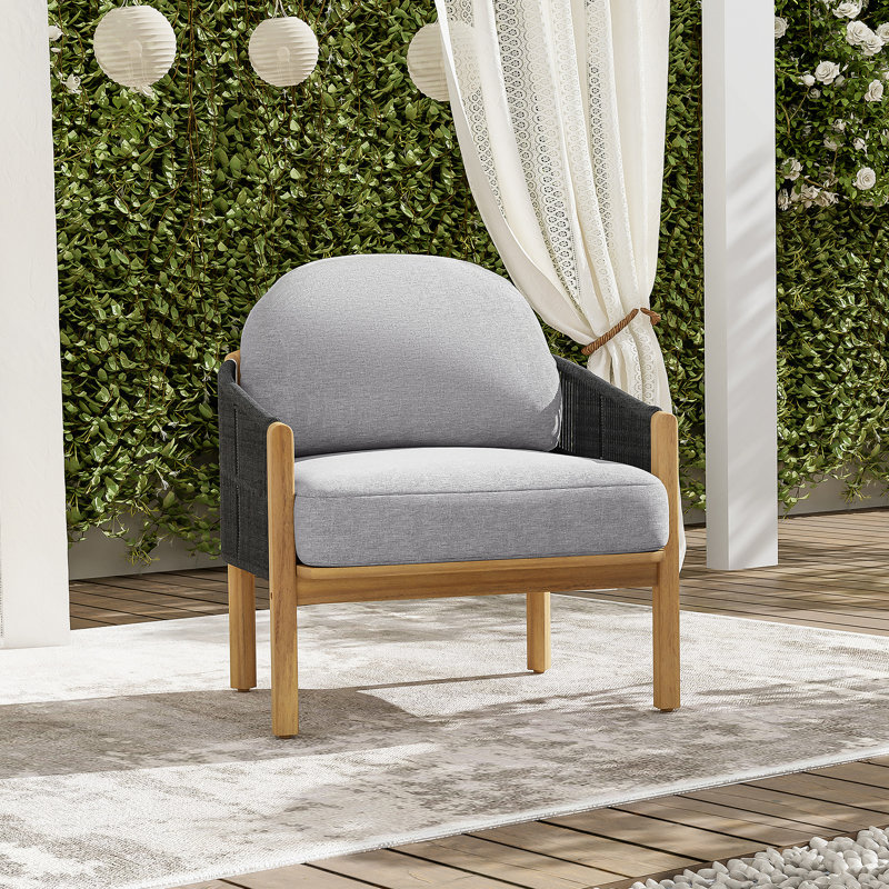 Fauteuil club d'extérieur en bois, corde gris foncé avec coussin gris, 1, Coussin gris / cadre gris-teck foncé