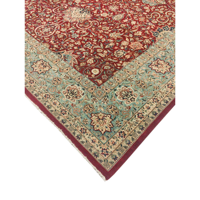 Tapis rouge / vert en laine noué à la main Lilliana, Rectangle 10 pi x 14 pi