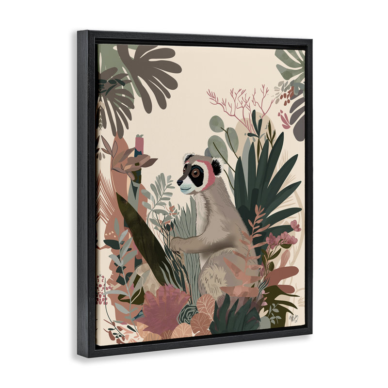 «Happy Lemur & Plants» par Fab Funky, Cadre flottant gris lustré, H 31 po x l 25 po