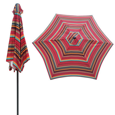 Parasol d'extérieur 9 pi, pavillon à rayures bleues, conception hexagonale, inclinaison à 45 degrés, manivelle pour ouvrir et fermer, nervures de poteau en acier, parasol de patio avec auvent à rayures, forme, protection 40+ Upf, poussée
