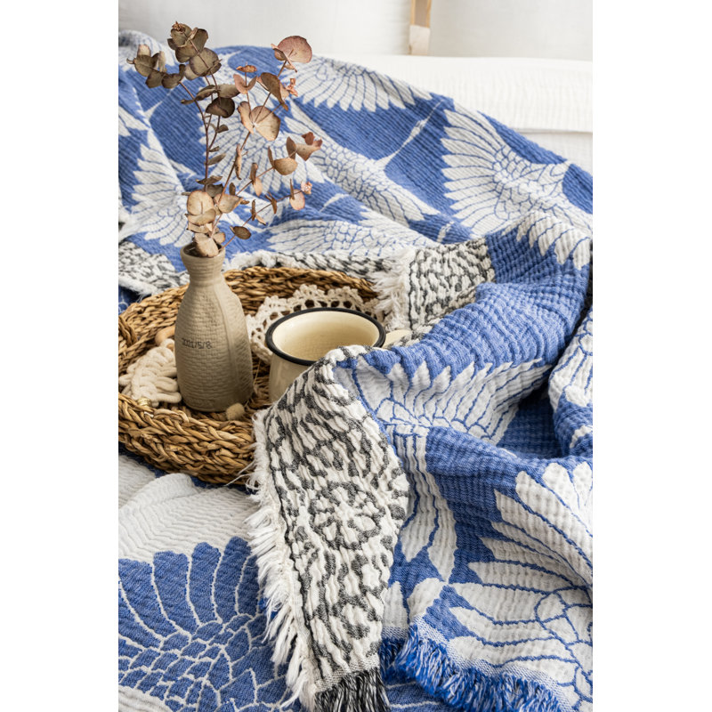 Crane Muslin Bed Blanket, Blue