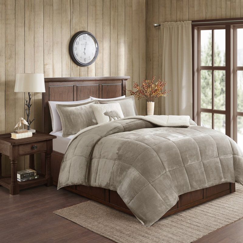 Queen Tan Plaid Down Alternative Comforter Set with Shams