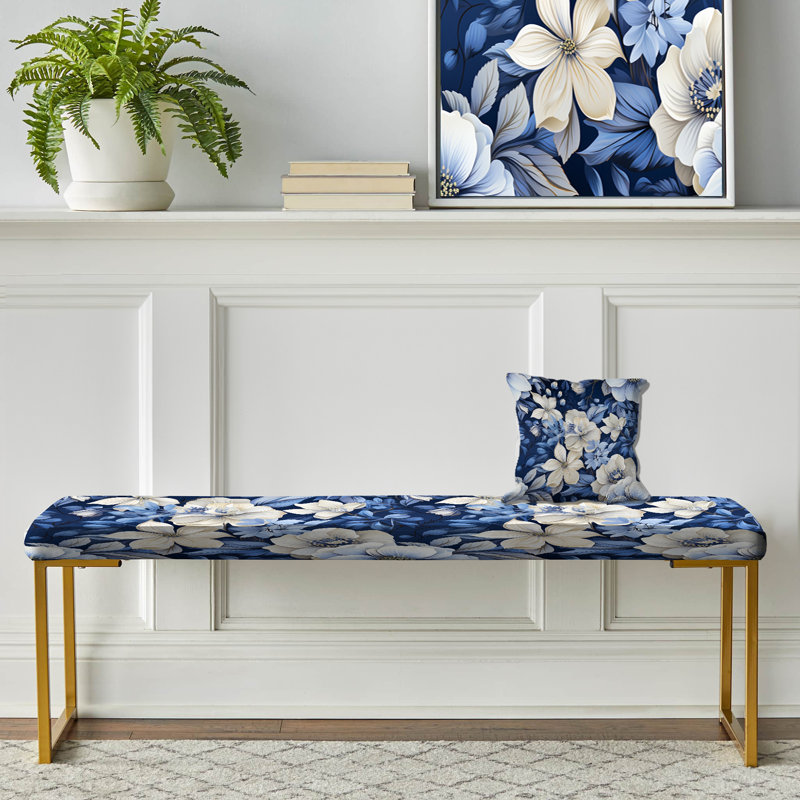 Banc rembourré or, Motif floral bleu et blanc V