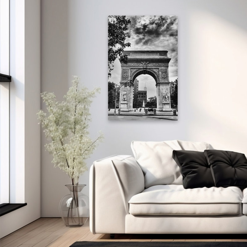 Washington Square Arch, art noir et blanc, photographie de paysage urbain contemporain, 36" H x 24" W