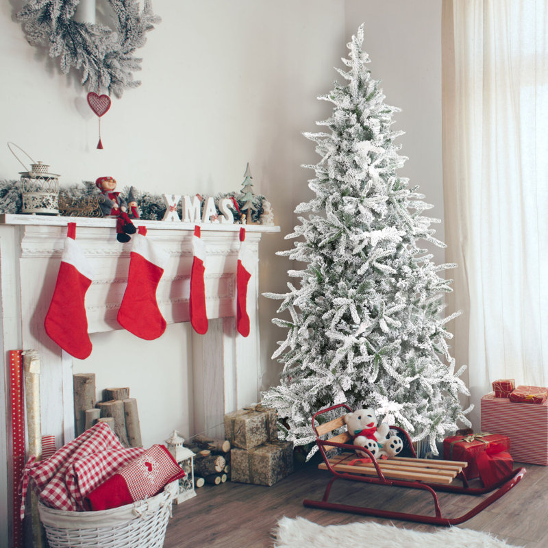 Grand arbre de Noël artificiel enneigé flocon de neige 9 pi avec base Fraser Hill Farm, 9'