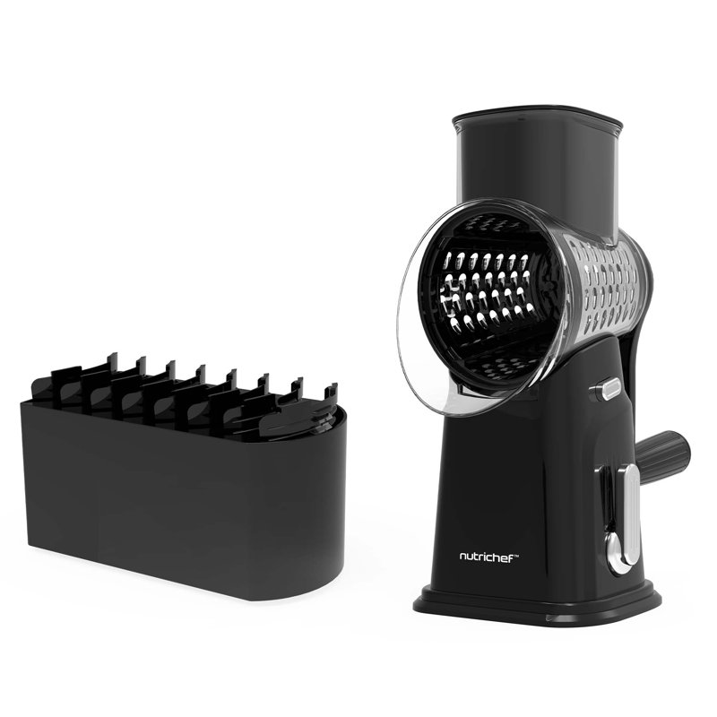 Nutrichef 5 In 1 Cheese Grater & Shredder | 5 Different Blades For Thin, Thick, Julienne Strips, Wavy, & Straight Strips | Includes Hand Crank, Strong Suction Base & Storage Container | Black