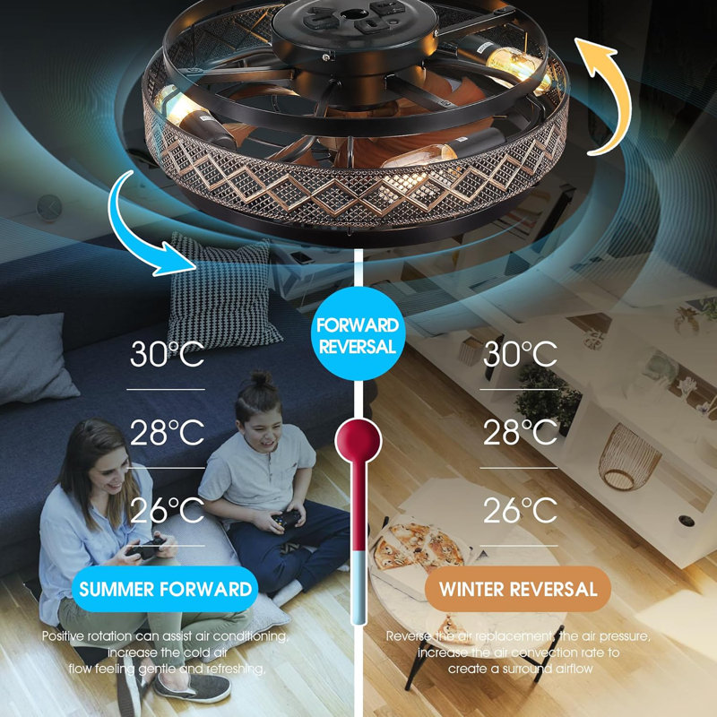 Low Profile Caged Ceiling Fans with Lights and Remote, Flush Mount Ceiling Fan with Light, Bedroom Fan, Small Industrial Black Ceiling Light Fixture, Reversible(Bulbs not Included)