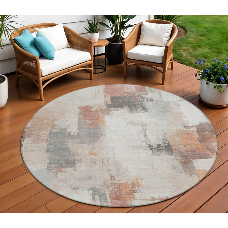 Tapis extérieur rond lavable abstrait rouille et ivoire 8 pi