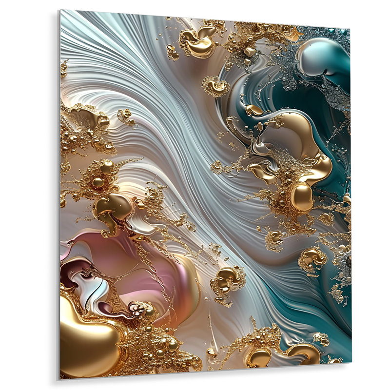 Liquide, ruisseaux, coucher de soleil, rose, turquoise, or - vagues modernes abstraites, art mural, Métal métal