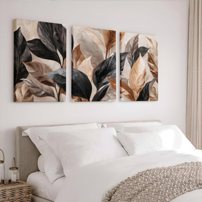 Leaf Pattern Art Canvas Wrapped Wall Art Oil Painting Print Set Of 3 For Living Room Bedroom Home Decor