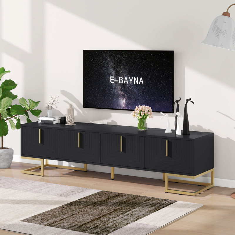 Modern TV Stand With Metal Legs, Gold Handles, Geometric Lines And Adjustable Shelves For Tvs Up To 80'', Media Console Table