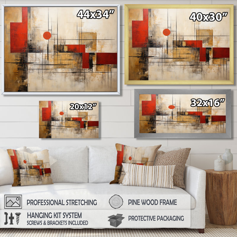 «Red Moon Gold Cubist Abstract», reproduction d'art géométrique murale, Toile tendue, H 24 po x l 32 po