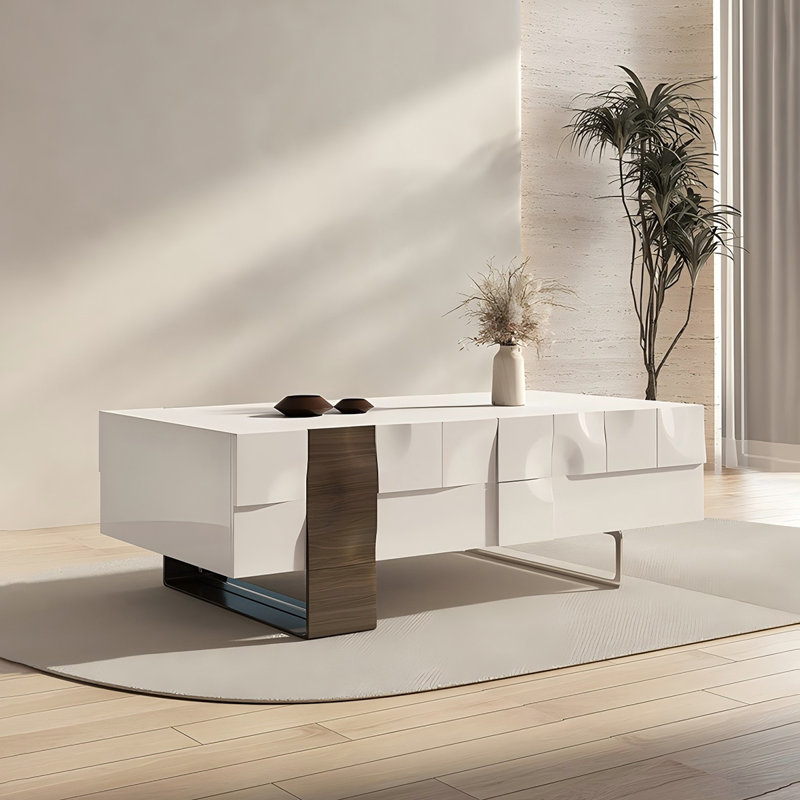 Table basse en bois de noyer massif et bois manufacturé crème,  H 17,72 po x L 47,24 po x l 23,62 po 