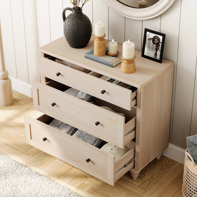 Scarlett End Table For Bedroom With 3 Drawers, Mid Century Modern Wooden Closet Storage Organizer, Beige Top/Beige Base, 1