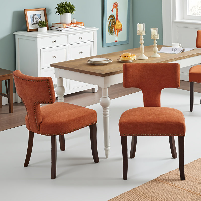 Ensemble de chaises de salle à manger de style Mid-Century moderne, ensemble de 2 chaises d'appoint rembourrées en tissu de lin ferme avec dossier en cuivre, chaises de cuisine avec structure en bois franc