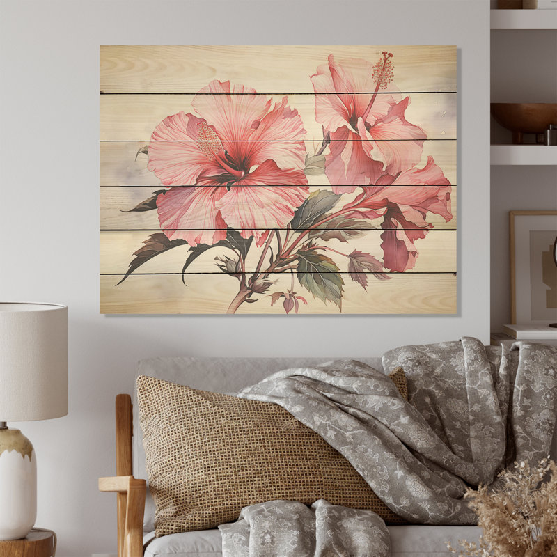 Hibiscus rose, rêve minimaliste - Art mural en bois d'hibiscus sur bois de pin naturel, H 30 po x l 40 po