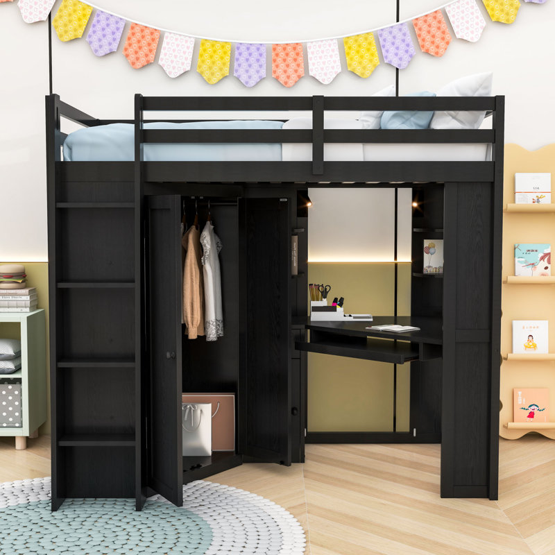 Lit mezzanine simple avec garde-robe et bureau intégrés, échelle, Noir