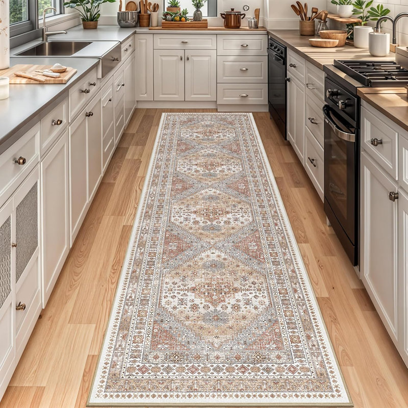 Medallion Non Slip Washable Rug(Orange), Runner 2'6" x 10'