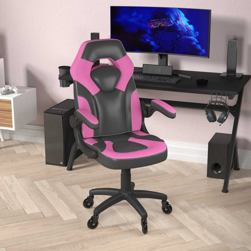 Fauteuil de jeu Katilyn avec roulettes et accoudoirs relevables - LeatherSoft, Rose