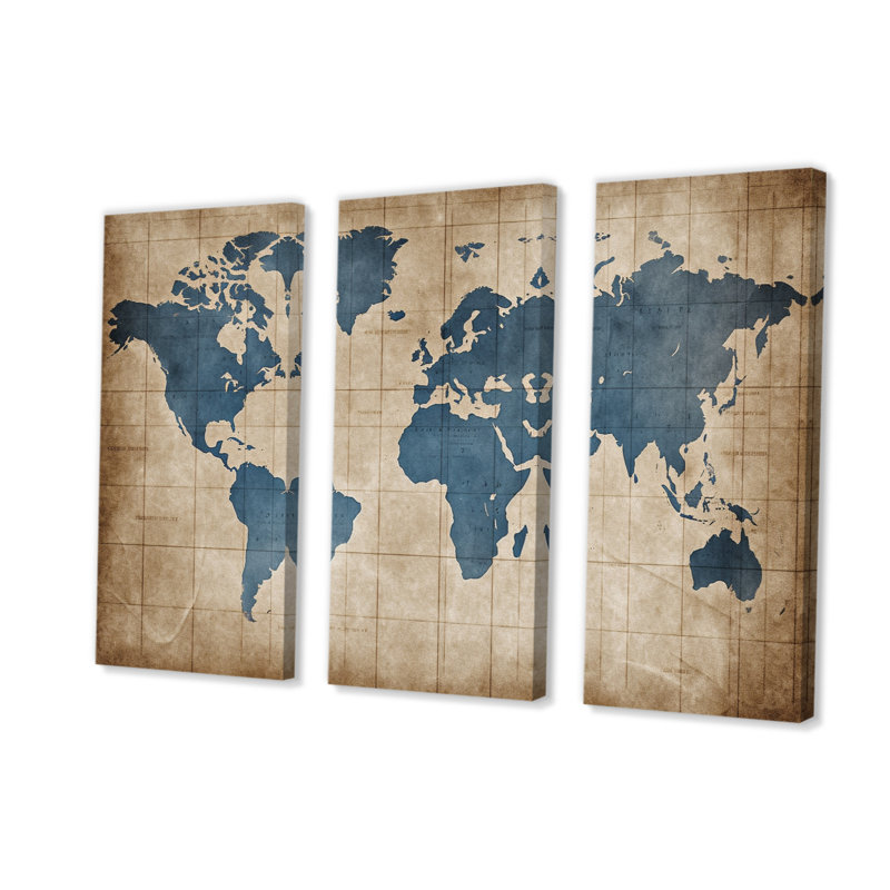 Ancienne carte du monde II sur toile, reproduction de 3 pièces, H 28 po x l 36 po x P 1 po