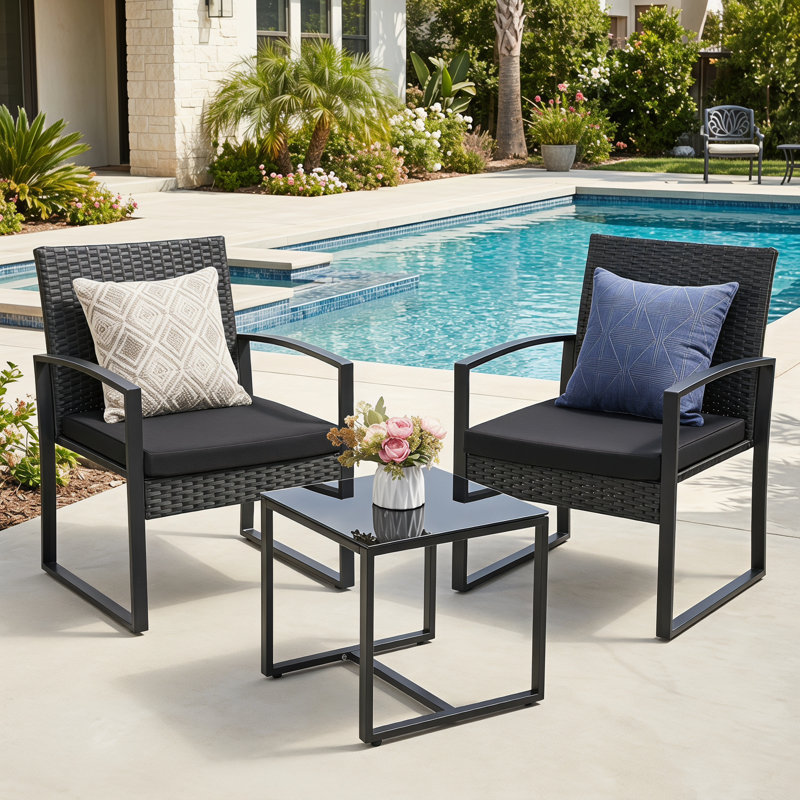 3 Piece Wicker Patio Bistro Set with Coffee Table, Outdoor Rattan Conversation Set for Balcony Porch Garden Yard Poolside