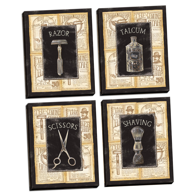«Vintage Barber Shop Art Prints Shave Scissors», ensemble de 4 impressions sur toile tendue