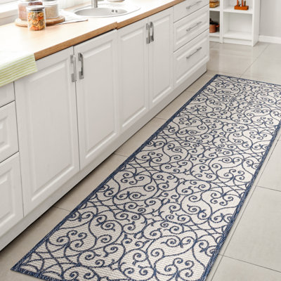 Deronte Vintage Filigree Textured Weave Blue/Cream Indoor/Outdoor Rug