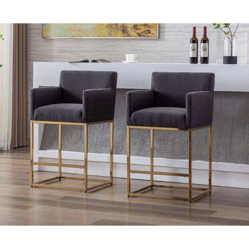 Datia Upholstered Counter Stool with Metal Frame, Charcoal Polyester / Gold Frame, Counter Stool (26.75” Seat Height)