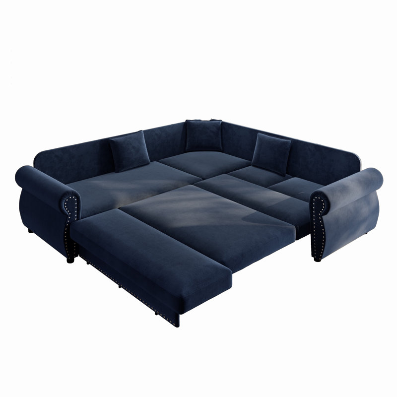 Pull-Out Sofa Bed Sectional,Chenille Modular Sleeper Sectional L Shaped Couch Sofa Bed, Blue
