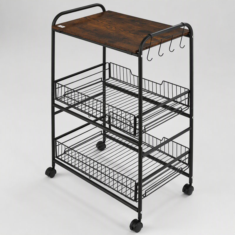 3 Tier Rolling Kitchen Cart with Storage and 2 Sliding Fruit Baskets, Brown
