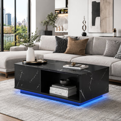 Table basse à DEL de 47,2 po avec rangement, table basse à plateau relevable avec tiroir et compartiment caché, table basse intelligente ultra brillante avec chargement sans fil, haut-parleur Bluetooth et ports USB pour le salon, noir
