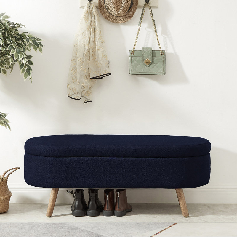 Luxury Oval Boucle Storage Ottoman Bench With Wood Legs 350Lb Weight Capacity & Safety Hinge(Only Includs Bench), Navy Blue