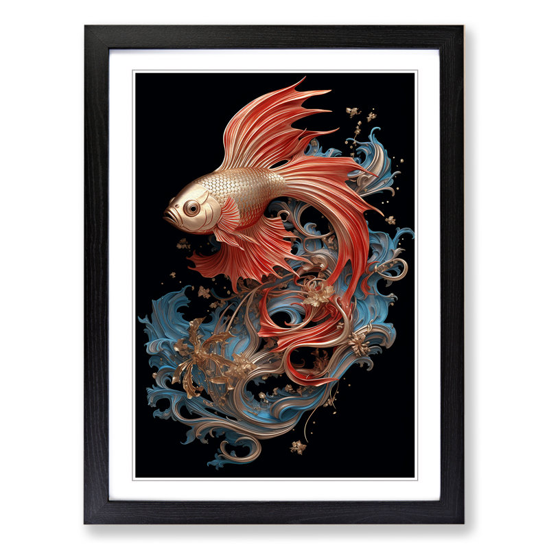Siamese Fighting Fish Nouveau No.2 - Framed Print, 64cm H x 46cm W x 2cm D, Black 