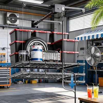 Système de levage de support de garage réglable au-dessus de 4 pi 4 pi, support de plafond robuste avec capacité de 300 lb et verrou de sécurité automatique, organisateur de suspension peu encombrant pour grenier, sous-sol, garage ou remise.