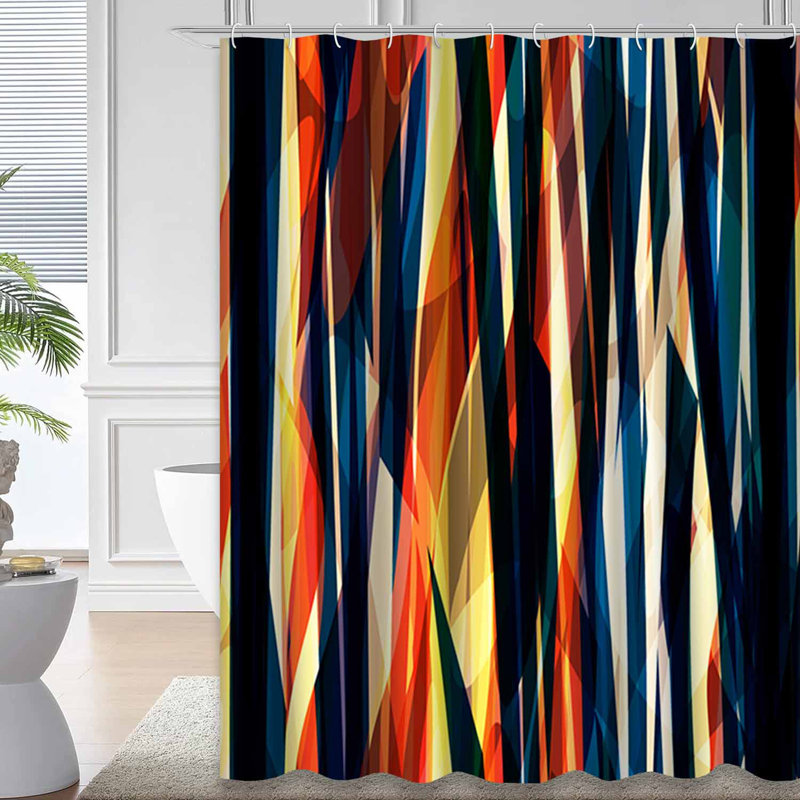 Rideau de douche abstrait rayé noir, jaune, orange et bleu avec 12 crochets, L 72 po x l 72 po
