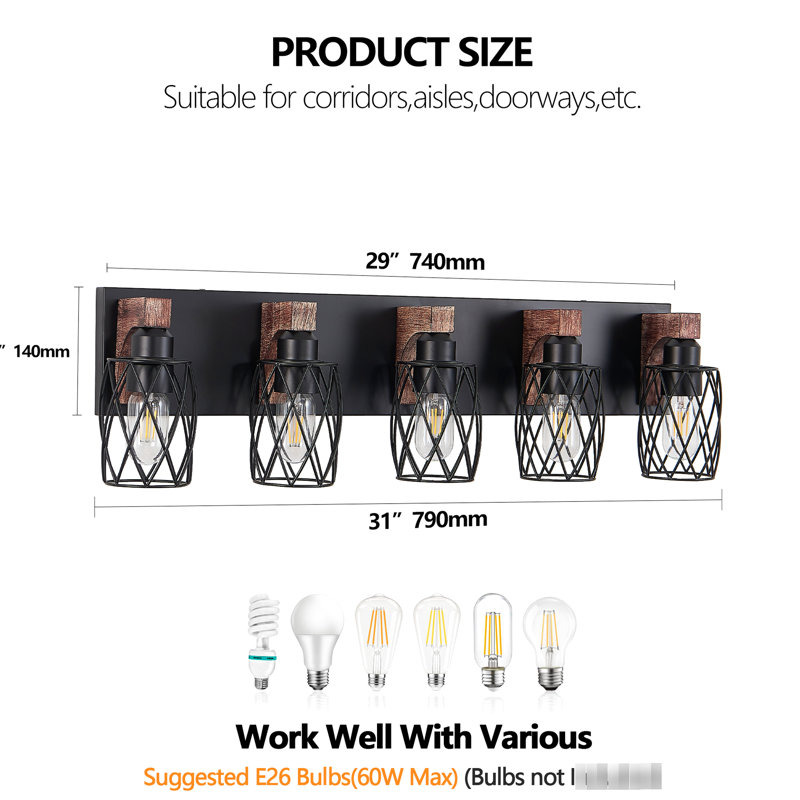 31-Inch Industrial Vintage 5- Wall Sconce With Black Cage And Wooden Accents For Bathroom, Hallway, Living Room, Bedroom, Dressing Entryway, Kitchen, Office - , , Easy To Install, Compatible E26