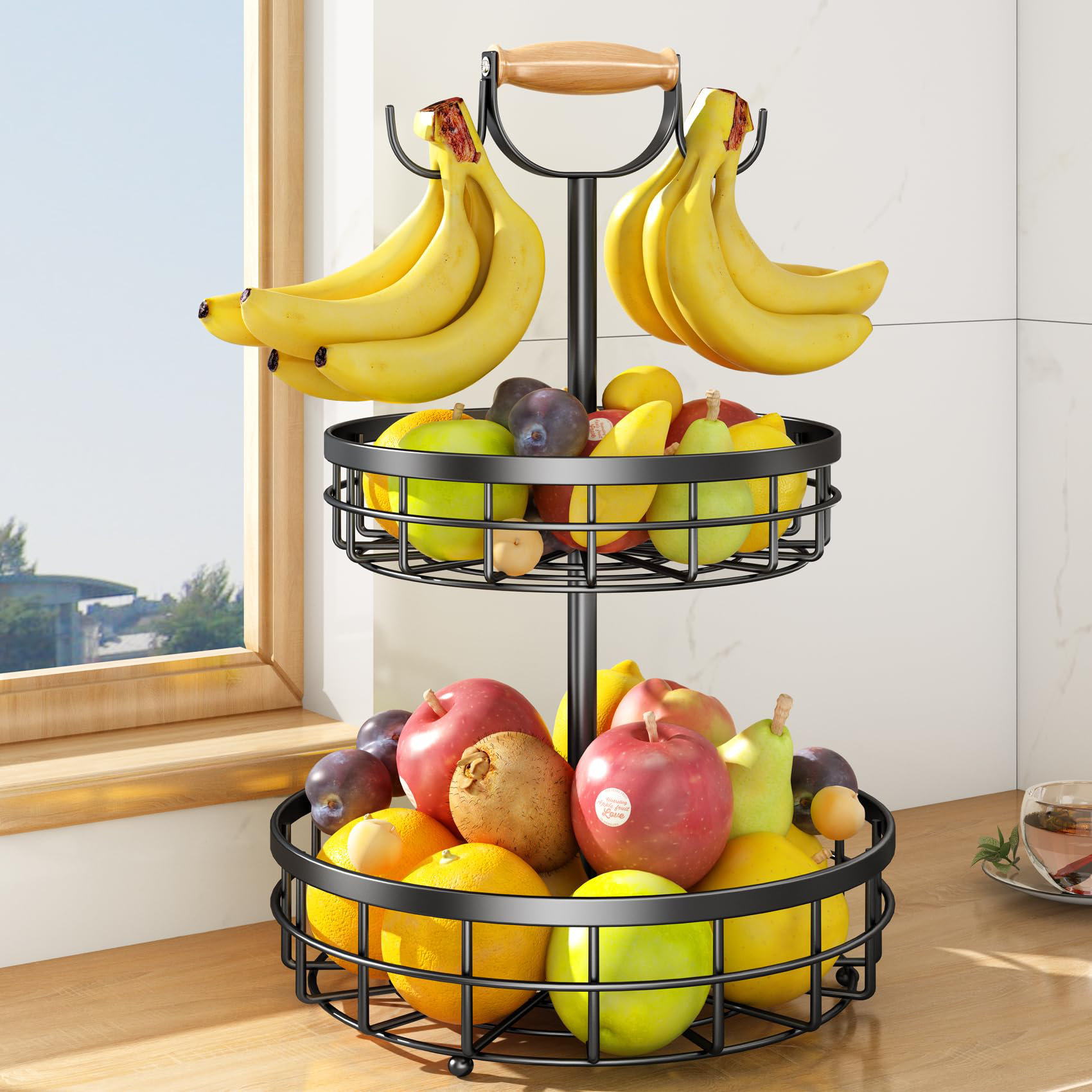 XUANYU Corbeille à Fruits 2 Niveaux Métal Blanc - Paniers Rangement Cuisine Avec Crochets Bananes Et Poignées Bois