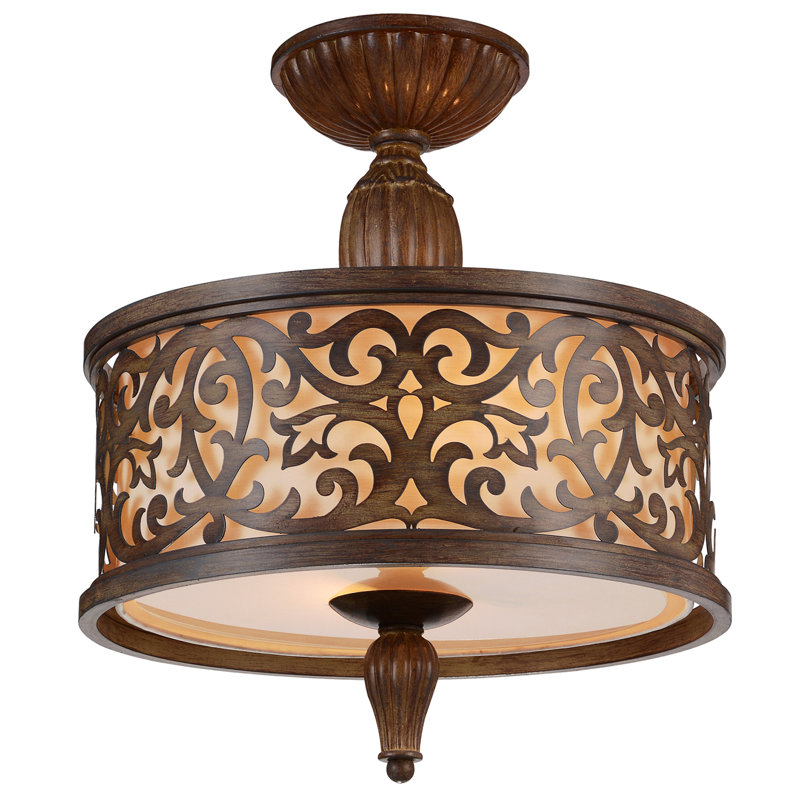 Hickok 3 Light Flush Mount Ceiling Light - 14 Inch, Brushed Chocolate Finish, Rustic Style, Drum Shade for Dining Room, Living Room, Entryway
