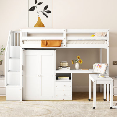 Twin Size Loft Bed With Stairs, Bookshelf, Drawers, Desk & Wardrobe – Space-Saving Multifunctional Furniture For Kids & Teens