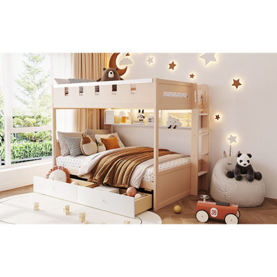 Full Size Castle Style Bunk Bed With 2 Drawers,Shelf,And LED,White