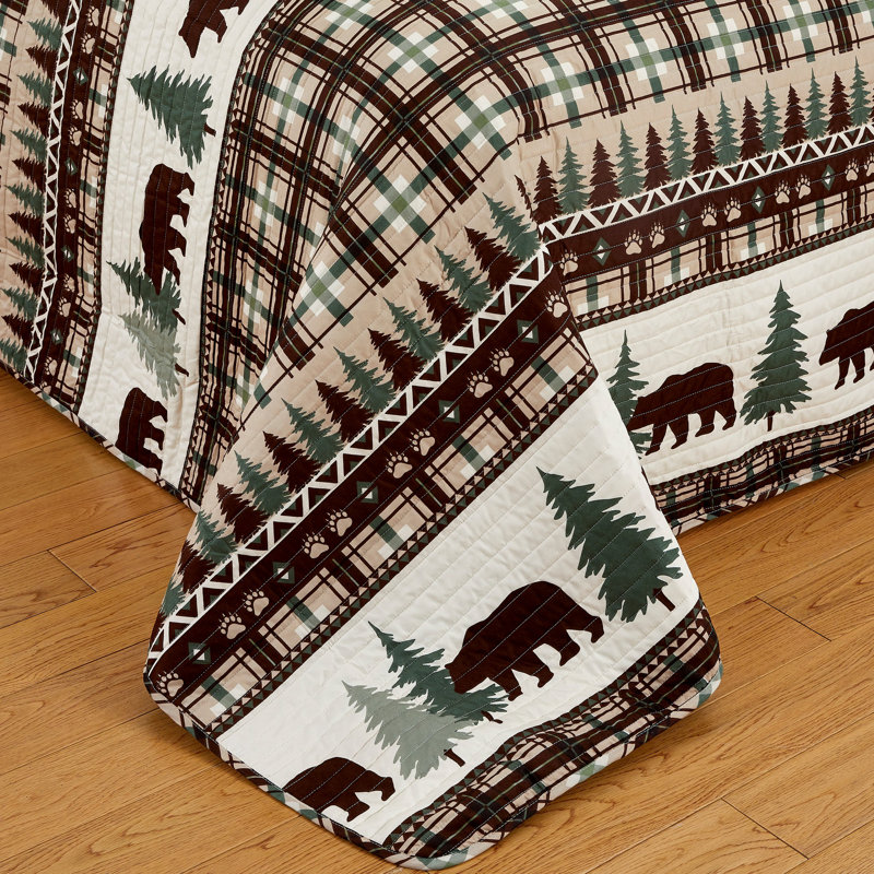 Twin Chocolate and Green Reversible Lodge Plaid Quilt Set