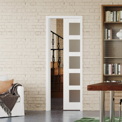 5 Lite Frosted Glass Design Modern Sliding Interior Pocket Door With Hardware Kit, 30” X 80"