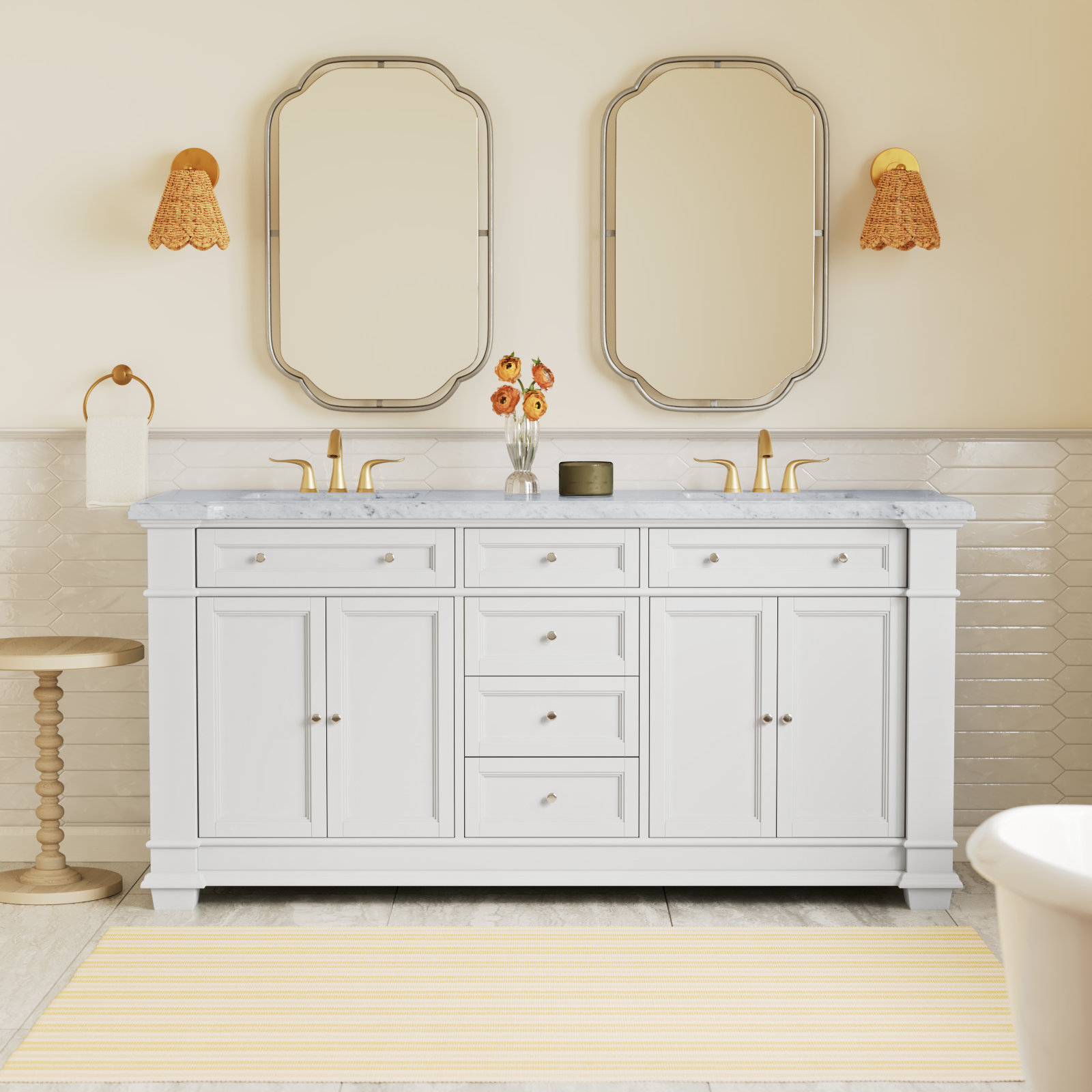 Rea 72" Carrara Marble Double Bathroom Vanity, White