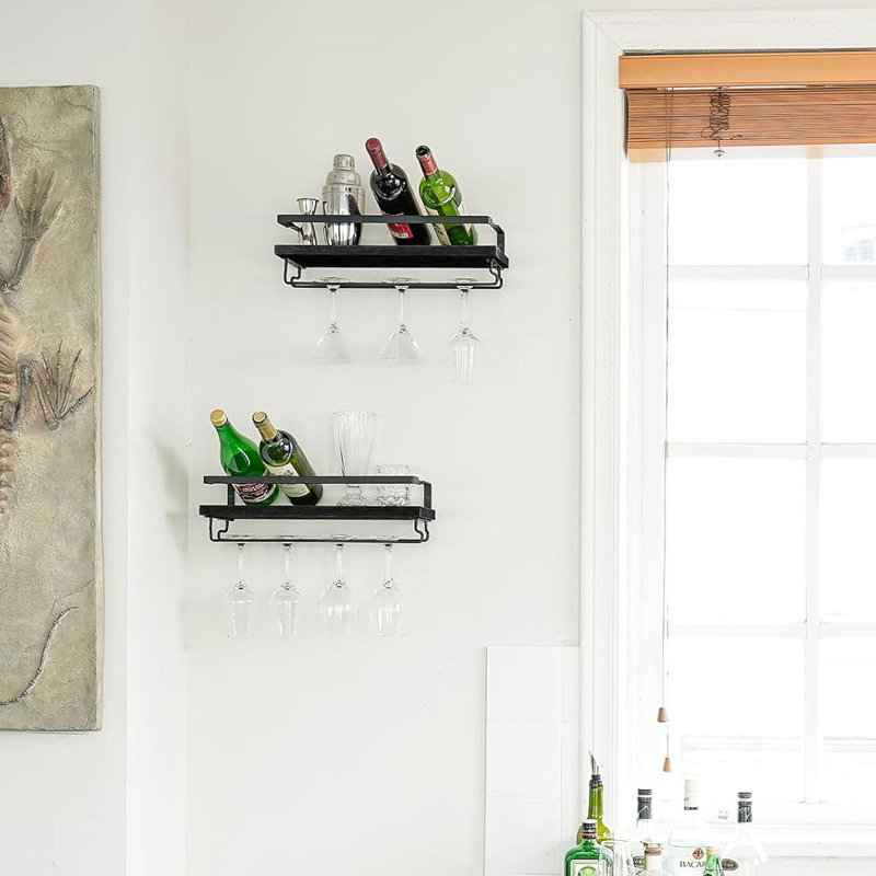 Wall Mounted Wine Bottle & Glass Rack Black